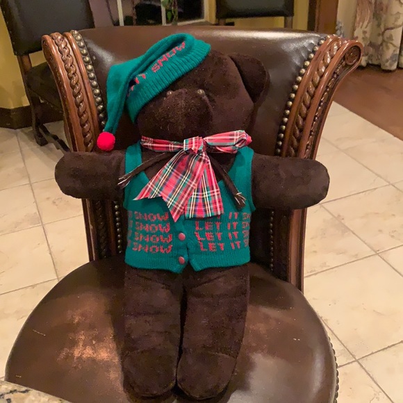 Vintage Suede Teddy Bear with Hat & Sweater Let It Snow ❄️ - Picture 1 of 5